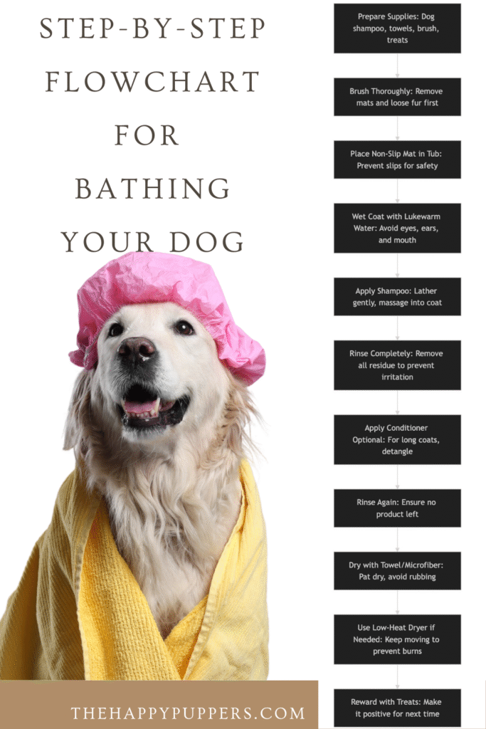 An infographic pin image showing step-by-Step Flowchart for Bathing your dog