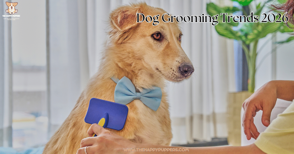 An imge of a dog being brushed with the overlay text dog grooming trends 2026
