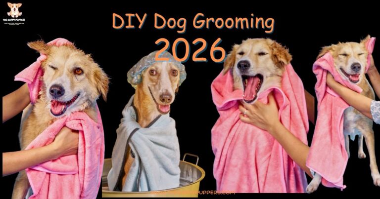 A featured image on thehappypuppers.com showing dogs in different stages of bathing