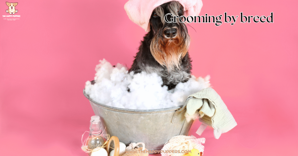 Image showing a dog in a bath tub covered with bubbles with the text Grooming by breed