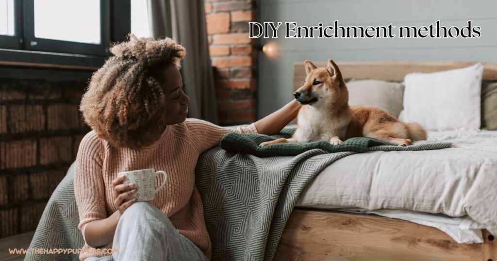 An image showing a dog parent and a dog with the text DIY Enrichment methods